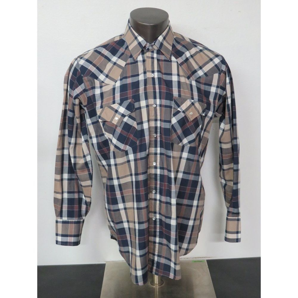 Ely Plains Long Sleeve Button Front Shirt Pearl Snap‎ Buttons Plaid Size Large L
